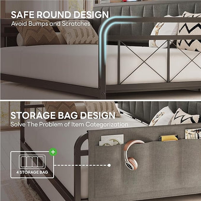 LIKIMIO Daybed with Trundle Bed, Twin Bed Frame with Storage Headboard and Charging Station, Sofa Day Bed with Strong Supports for Living Room, Bedroom, and Guest Room, Grey
