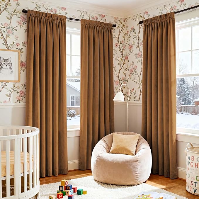Lazzzy Gold Brown Blackout Velvet Curtains 84 Inch Long Thermal Insulated Room Darkening Curtain Drapes Luxury Back Tab Window Treatments for Bedroom Living Room 2 Panels, 52 x 84 Inch, Golden Brown