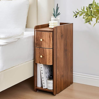Narrow Nightstand Set of 2, Wooden Small 2 Drawer Nightstand, Slim Side End Table, Skinny Bedside Table, Mid Century Modern Night Stand with Drawers, for Bedroom (Walnut-2pcs)