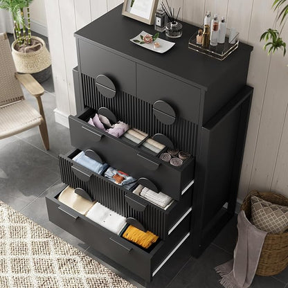 LGHM Fluted Dresser for Bedroom with 6 Drawers, Modern 6 Drawers Dressers with Semicylinder Fluted, Solid Chest of Drawers, 44.5" Tall Dresser with Stable Steel Frame, Metal Handles, Black