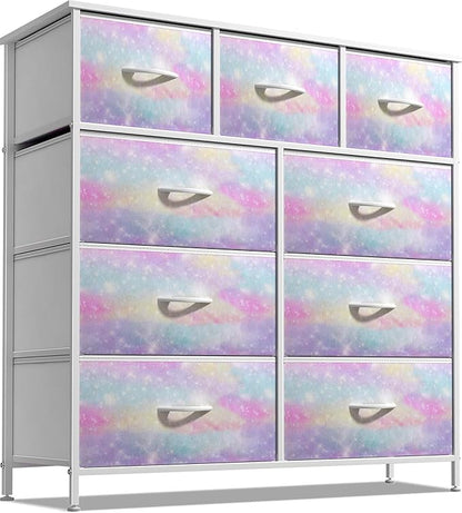 Sorbus Dresser with 9 Drawers - Furniture Storage Chest for Kid’s, Teens, Bedroom, Nursery, Playroom, Clothes, Toys - Steel Frame, Wood Top, Fabric Bins (Tie-dye)