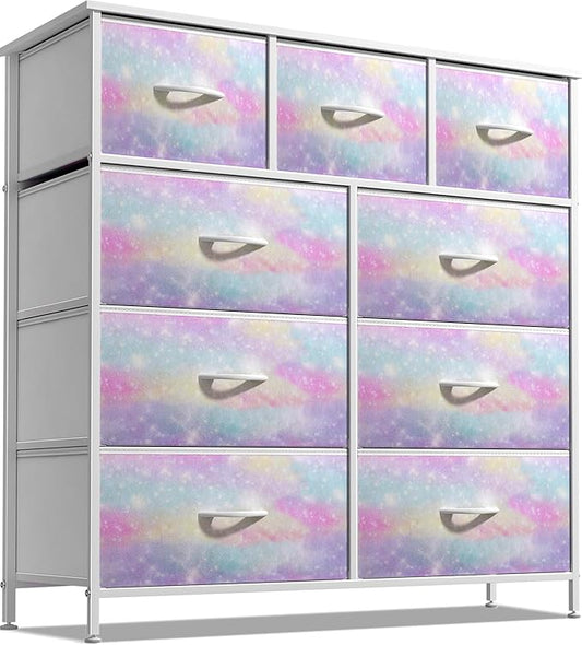 Sorbus Dresser with 9 Drawers - Furniture Storage Chest for Kid’s, Teens, Bedroom, Nursery, Playroom, Clothes, Toys - Steel Frame, Wood Top, Fabric Bins (Tie-dye)