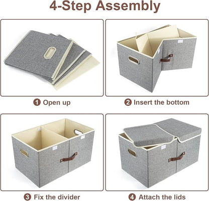 TYEERS Extra Large Collapsible Storage Bins with Lids and Compartments, Organizing Bins for Closet Storage, Clothes Storage, Cube Organizer for Home Office Storage - 2 Pack - Gray
