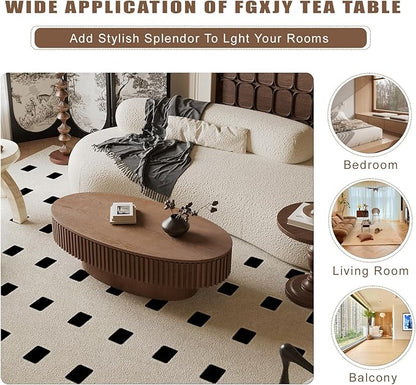 Oval Coffee Table with Storage, Modern Walnut Coffee Table with Solid Wood Veneered, Fluted Center Table Wood Drum Tea Table for Living Room Apartment, 47.2''L×23.6''W×14.2''H