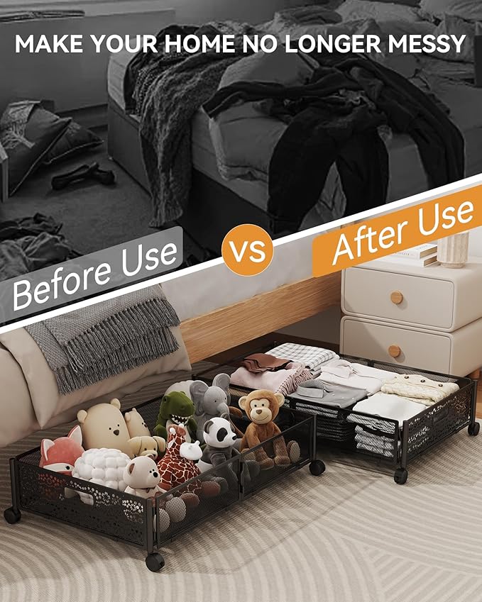Under Bed Storage with Wheels, Foldable Pattern Carved Metal Under The Bed Storage, Tool-Free Assembly Under The bed Storage Bins, 60L Underbed Storage for Bedroom Clothes Shoes Toys-2 Pack
