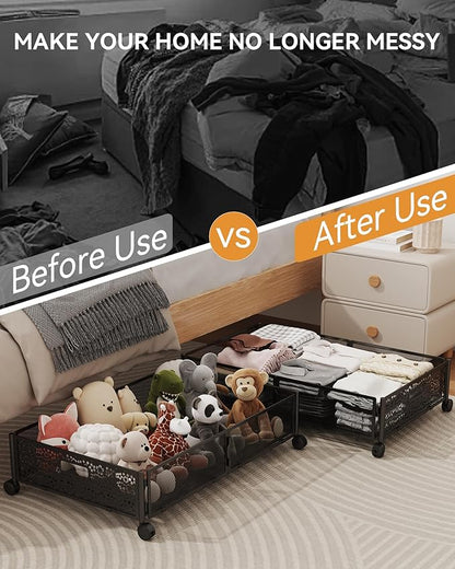 Under Bed Storage with Wheels, Foldable Pattern Carved Metal Under The Bed Storage, Tool-Free Assembly Under Bed Organizer, 60L Underbed Storage for Bedroom Clothes Blankets Shoes Toys-4 Pack