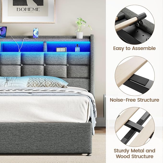 Lift Up King Size Bed Frame with Storage, Upholstered King Bed Frame with Charging Station and LED Lights Headboard, No Box Spring Needed, Easy Assembly - Light Grey