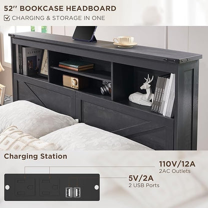 ACCOHOHO Farmhouse Full Size Bed Frame with 52" Tall Storage Headboard and LED Light,Wood Platform Bed Frame with 4 Drawers and Charging Station,Solid Wood Slats Support,No Box Spring Needed,Black