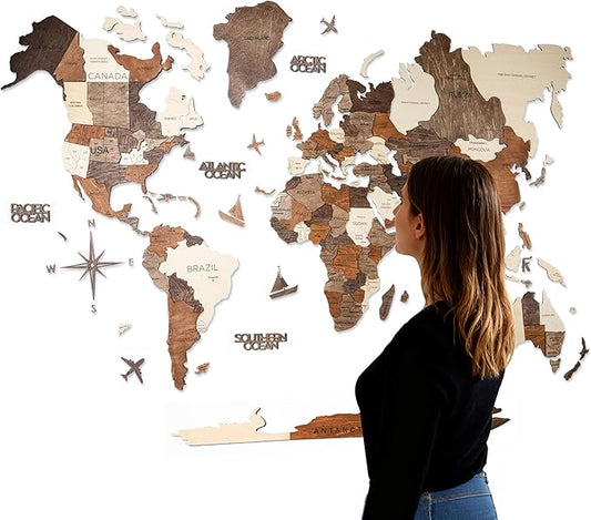 Handmade 3D Wood World Map Wall Art Large Wall Decor Track Your World Travels - Special for Home, Kitchen and Office (Large, Multicolor)