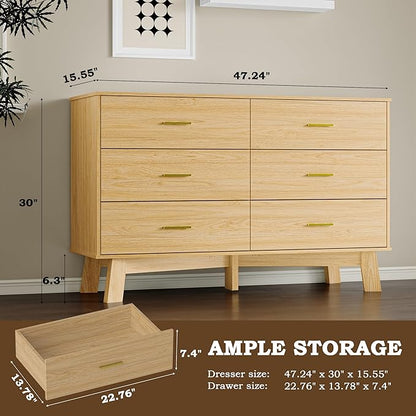 Dresser for Bedroom with 6-Drawer, 47.2" Modern Chest of Drawers with Metal Handles, X-Shape Base & Adjustable Center Leg, Anti-Tip Closet Organizers and Storage