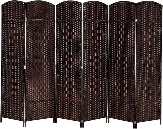 VINGLI 6-Panels Tall Rattan Room Divider, 6 FT Folding Privacy Screen, Indoor Partition Wall Dividers, Freestanding Hinged Space Separator (Dark Brown)