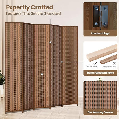 5 Panel Room Divider and Extra Wide Folding Privacy Screen, 79" W x 67" H, Bamboo Room Divider for Room Separation.