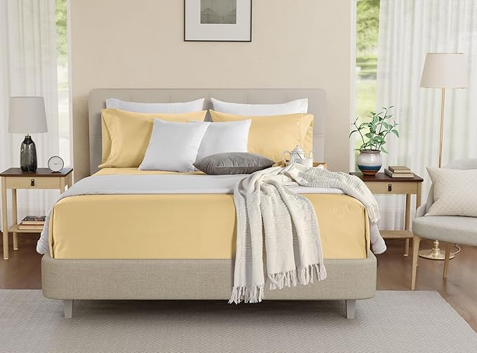 100% Cotton Sheets For King Size Bed, 800 Thread Count Breathable Bed Sheets, Soft & Comfy Naturally Cool Fully Elassticated Sheet & Pillowcase Sets, Machine Washable No Pill Fade Resistant- Semolina