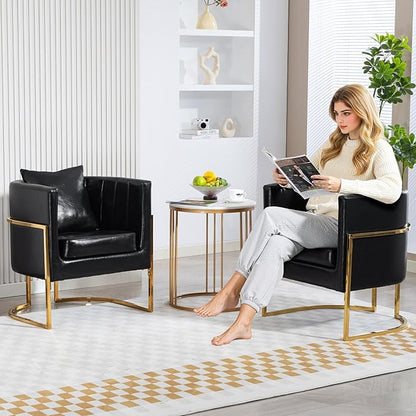 Modern Leather Accent Chairs Set of 2, Mid Century Upholstered Barrel Armchair with Pillow for Living Room, Comfy Single Vanity Chair with Metal Gold Legs for Bedroom, Black