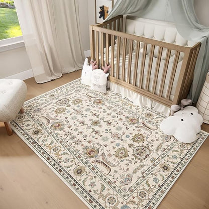 Washable 5x7 Area Rugs for Living Room, Boho Non-Slip Vintage Distress Rugs for Bedroom Dining Room Nursery Office, 0.3" Neutral Oriental Throw Thin Carpet with Cushioning Pad, Beige/Rust/Green/Multi