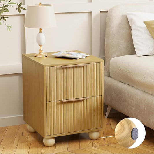 Fluted Nightstand, Natural Oak Finish Bedside Table with Spacious Storage Drawers, Night Stand with Solid Wood Round Legs for Bedroom, End Table, Side Table