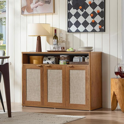 LEYAOYAO Rattan Sideboard Buffet Cabinet,45" Coffee Bar Cabinet with 3 Doors & Open Storage Shelf,Modern Credenza Console Table for Living Room Rattan Farmhouse entryway Brown