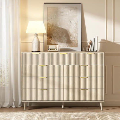 CARPETNAL Fluted 9 Drawer Dresser for Bedroom, 55" Wide Wooden Chest of Drawers with Rounded Corners, Gold Handles, Modern Storage Organizer for Bedroom, Hallway (Beige)
