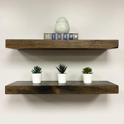 URBANDI, Rustic Floating Shelves, Set of 2, Hidden Bracket, Solid Wood, Heavy Duty, Wall Mounted Shelves, (Dark Brown, 36Wx10D)