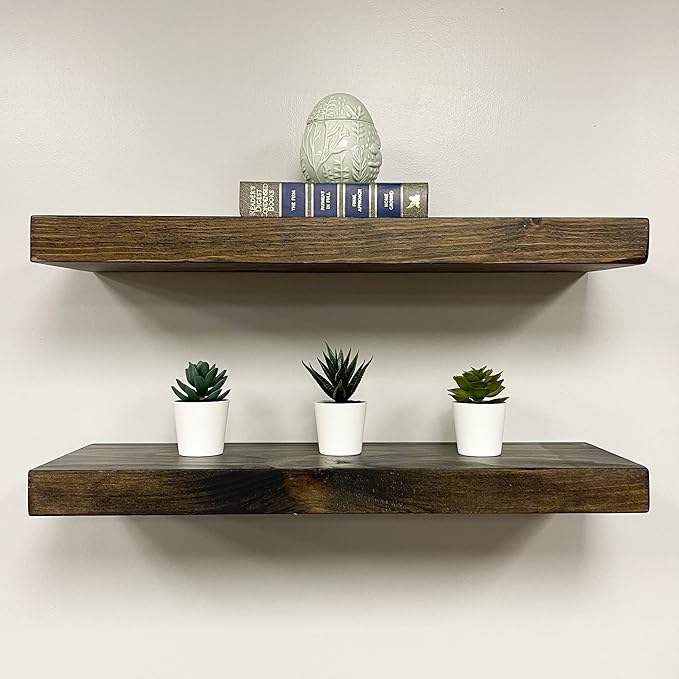 URBANDI, Rustic Floating Shelves, Set of 2, Hidden Bracket, Solid Wood, Heavy Duty, Wall Mounted Shelves, (Dark Brown, 48Wx6D)