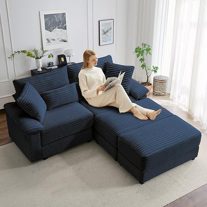 SUNWAVE 74" Double Chaise Lounge Chair Indoor, Loveseat with Storage Ottoman, Corduroy Small Couch with USB Charging, Removeable Ottoman, and Coffee Table Cushions for Living Room