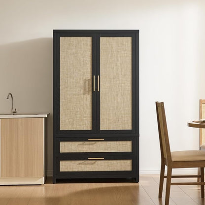 SICOTAS Armoire Wardrobe Closet, Larger Rattan Armoires Wardrobe Cabinet with 2 Large Drawers & Hanging Rod, Tall Closet Storage Cabinet for Cloak Room, Bedroom, Black Oak (3 Pieces)