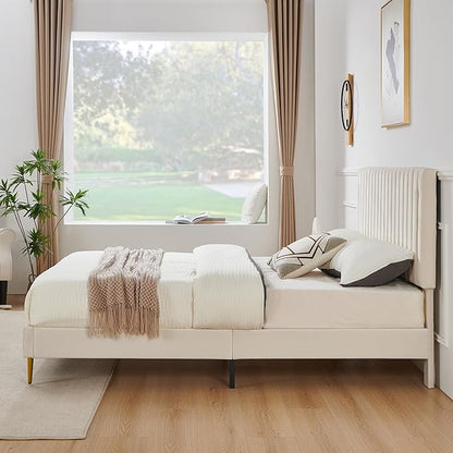 Full Platform Bed Frame, Velvet Upholstered Bedframe with Vertical Channel Adjustable Headboard, Golden Plating Trim, Mattress Foundation with Wooden Slats, No Box Spring Needed, Beige