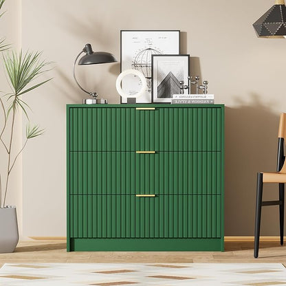 Green Dresser for Bedroom, Modern Dresser with 3 Drawers and Smooth Slides, Wide Chest of Drawers with Golden Handles for Bedroom, Living Room, Closet, 15.7" D x 31.5" W x 29.6" H