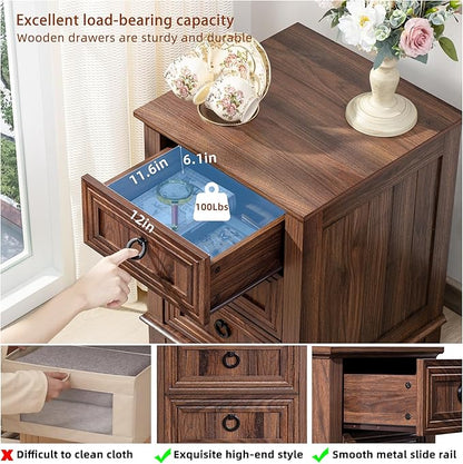 18" Farmhouse Night Stand with 3 Drawers, Wood End Table Dresser for Bedroom, Retro Nightstand, Bed Side Table with Metal Handle, Bedside Cabinet for Bedroom Living Room, Closet