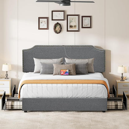 YITAHOME King Bed Frame with 4 Storage Drawers, Upholstered Platform Bed Frame with Adjustable Rivet-Trimmed Headboard, USB & Type-C Charging Ports, Wooden Slats, Easy to Assemble (Gray)