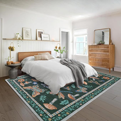 Mushroom 10x13 Area Rug for Living Room Washable Non Slip Forest Soft Low-Pile Stain Resistant Thin Large Throw Carpet for Bedroom Dining Room Office Black