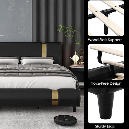 TTVIEW Modern Faux Leather Upholstered Platform Bed Frame with Golden Iron Metal Decor, Adjustable Curved Headboard, Wooden Slats Support, No Box Spring Needed, Queen Size, Black