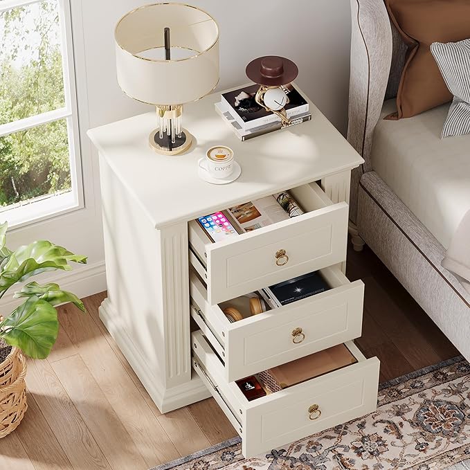 Tribesigns 3-Drawer Nightstand, Modern Bedside Table with Storage Drawers, Wood Night Stand Side End Table for Bedroom, Beige