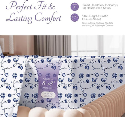 Carressa Linen Luxury Egyptian Cotton Twin XL Printed Sheet Set - 600 Thread Count Extra Long Staple 3 PC Set, Floral Blue Twin XL Sheets, Soft, Cooling Sateen Weave Sheets Upto 18 in Deep Pocket