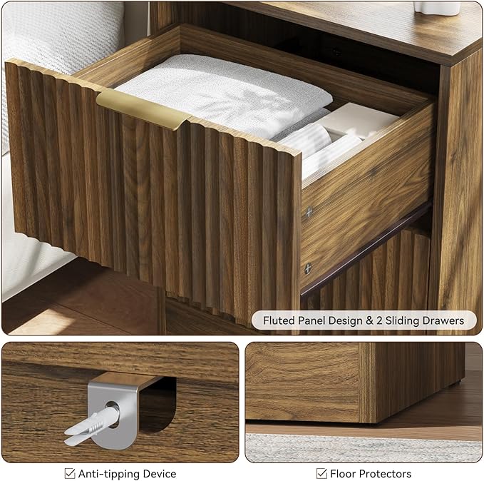 8 Drawer Dresser & Nightstand Set 3-Piece, 55” Wide Fluted Walnut Dresser and Night Stand Set of 2 with Metal Handle, Modern Wood Chest of Drawers Storage Dressers Set for Bedroom, Walnut