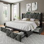 Feonase Full Size Bed Frame with 4 Storage Drawers, Upholstered Platform Bed with Charging Station, Wingback Storage Headboard, Wooden Slats Support, No Box Spring Needed, Easy Assembly, Dark Grey