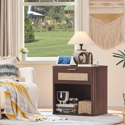 LEYAOYAO Rattan Nightstand with Charging Station, 23" Wide Boho Night Stand with Drawer, Walnut Bedside Table Open Storage Cabinet, Bed Side End Tables Dresser for Bedroom, Living Room, Hallway
