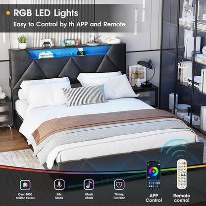 Vabches Queen Bed Frame with Storage Headboard and 4 Drawers,Upholstered Platform with Charging Station and Led Lights,Adjustable Headboard with Pu Leather,No Box Spring Needed,Black