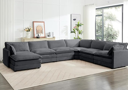 ROWHY 150'' Modular Sectional Corner Cloud Couch, 7 Seater Sofa Big Comfy Corduroy V Shaped Couch with 4 Throw Pillows, Movable Ottoman, Couches for Living Room Office Dark Grey
