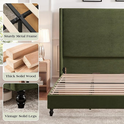 Queen Bed Frame with 63" Tall Headboard, Horizontal Fine Corduroy Bed Frame with Wingback, Upholstered Platform Bed, Vintage Solid Wood Gourd Legs, No Box Spring Needed, Green
