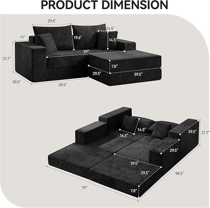 Boneless Modular Sectional Loveseat Couch with Ottoman, Convertible Floor Sleeper Sofa Bed, Comfy Foldable Compression Love Seat Sofa for Living Room, No Assembly, Black
