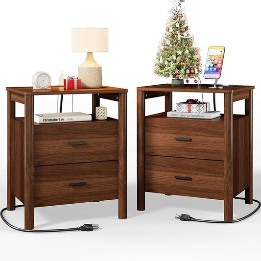 FavourLife Night Stand Set 2, 20" Wide Nightstands Set of 2, Modern Nightstand with Charging Station, 2 Drawer Wooden End Table with Solid Round Post Legs, Bedside Table w/Storage for Bedroom, Walnut