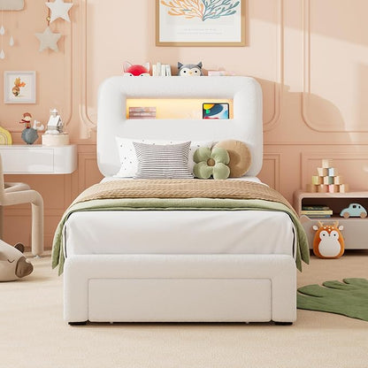 Twin LED Bed Frame with Storage Headboard & Charging Station, Kids Bed Frames with Bookcase, Teddy Fleece Upholstered Platform Bed Frames with 1 Storage Drawer, No Box Spring Needed, Beige