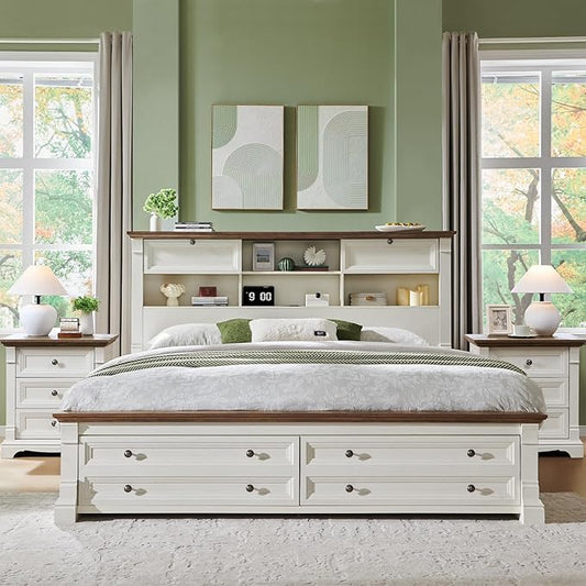 Farmhouse Queen Size Bed Frame with 54" Tall Storage Bookcase Headboard, Wood Platform Bed Frame with 2 Drawers & 18" Tall Roman Column Decoration Footboard, No Box Spring Needed(Antique White)