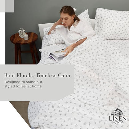 Linen Home 100% Cotton Printed Percale Sheets Queen Size, Deep Pocket, 4 Pieces Set - 1 Flat, 1 Deep Pocket Fitted Sheet and 2 Pillowcases, Crisp Cool and Strong Bed Linen, Grey Silhouette Floral
