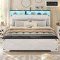 Hasuit Queen Size Bed Frame with Storage Ottoman, Farmhouse Bed Frame with Charging Station and Led Light, Headboard with Storage Rack, Metal Slats, No Noise Design, No Box Spring Needed,Walnut White