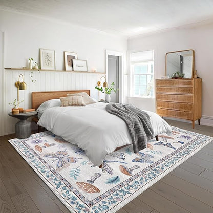 Washable Rug 5x7 Area Rugs for Living Room, Mushroom Insect Rug for Bedroom, 5x7 Rug Non Slip Throw Rugs with Rubber Back, Low Pile Stain Resistant Modern Carpet for Dining Room Dorm,Beige
