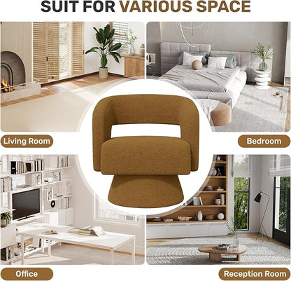 Swivel Accent Chair, Modern Comfy Teddy Barrel Chairs, Oversized Upholstered Round Arm Chair for Living Room, Bedroom, Reading Room, Brown, 1 PCS