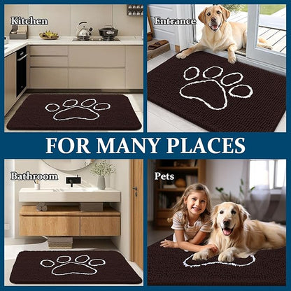 OLANLY Dog Door Mat for Muddy Paws 36x24, Paw Print Design, Absorbs Moisture and Dirt, Absorbent Non-Slip Washable Doormat, Quick Dry Chenille Mud Mat for Dogs, Entry Indoor Entryway Carpet, Brown