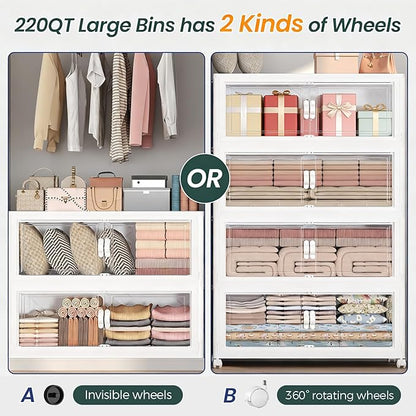 540QT Extra Large Stackable Storage Bins with Lid, 135Gal Collapsible Storage Box with Wheels and Doors, Plastic Closet Organizers and Storage Cabinet for Home Kitchen Office Dorm, 3Pack White
